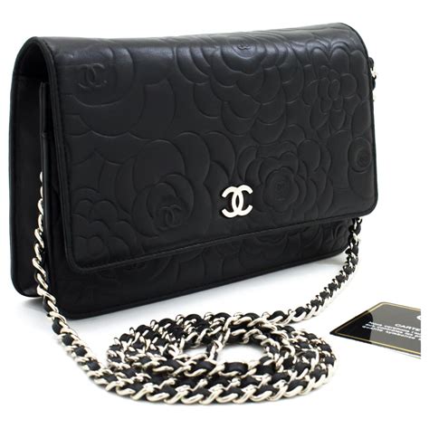 chanel black leather camellia wallet on a chain|authentic Chanel wallet on chain.